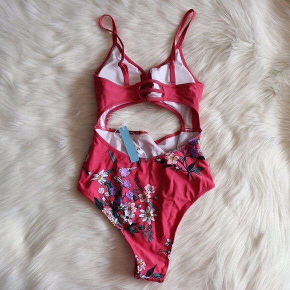 NEW Pink Floral O-Ring Cut Out One Piece Bathing Suit Swimwear Size Small - Picture 6 of 9